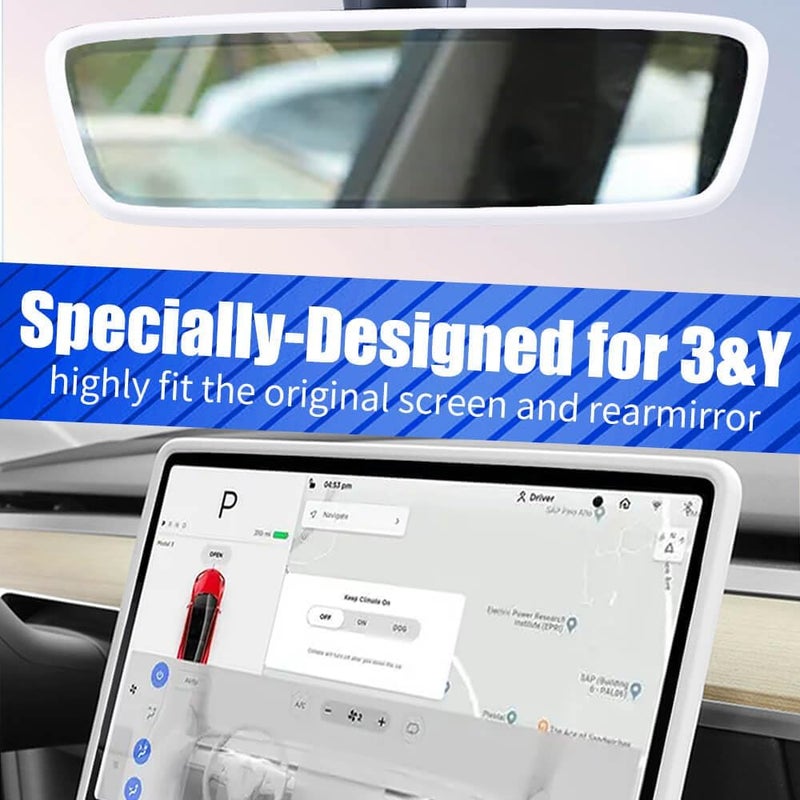 Yeapop 2Pcs Silicone Protector Frames of Screen and Rear View Mirror for Tesla Model 3 2017-2023 and Model Y 2019-Feb.2025. (White) - Image 2